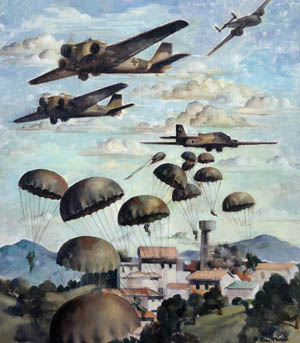 German parachute troops descend from their Junkers Ju-52 transport aircraft above the island of Crete. The capture of the airfield at Maleme was a turning point in the battle for the island and facilitated the introduction of German reinforcements.