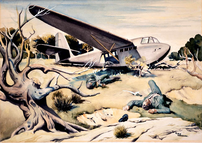 In this painting by a combat artist from New Zealand, the bodies of German airborne troops who fell under the guns of Commonwealth defenders while exiting their glider lie in the broiling Mediterranean sun. The capture of Crete cost the Germans dearly in lives and aircraft.