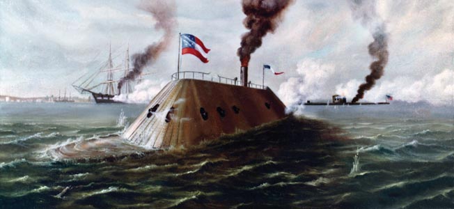 The Ironclads Painting by Raymond Bayless, depicting the battle between CSS Virginia (foreground) and USS Monitor (at right). USS Minnesota is also shown, in the left middle distance. Courtesy of the U.S. Navy Art Collection, Washington, D.C. Donation of Raymond Bayless, 1975 U.S. Naval History and Heritage Command Photograph.