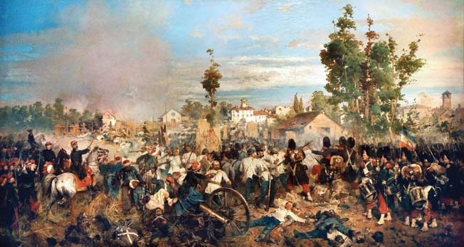 Elite French forces steadily push back white-uniformed Austrian infantry in a contemporary painting by Italian soldier Gerolamo Induno. In the claustrophobic and mur- derous nature of the fighting, generals fought and died like common soldiers.