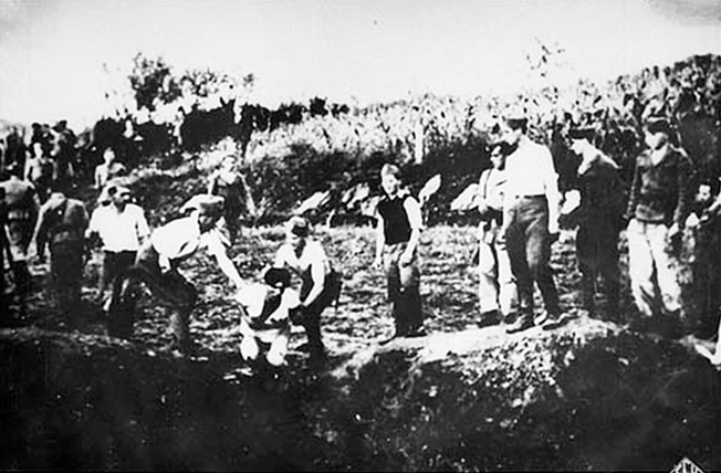 Ustaše militia execute prisoners near the Jasenovac concentration camp.