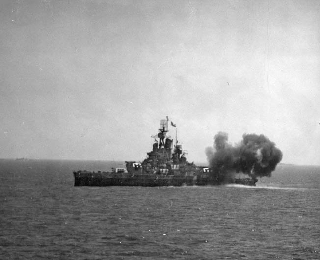 Nevada fires at targets at Utah Beach during Operation Overlord—the Allied invasion of Normandy, June 6, 1944.