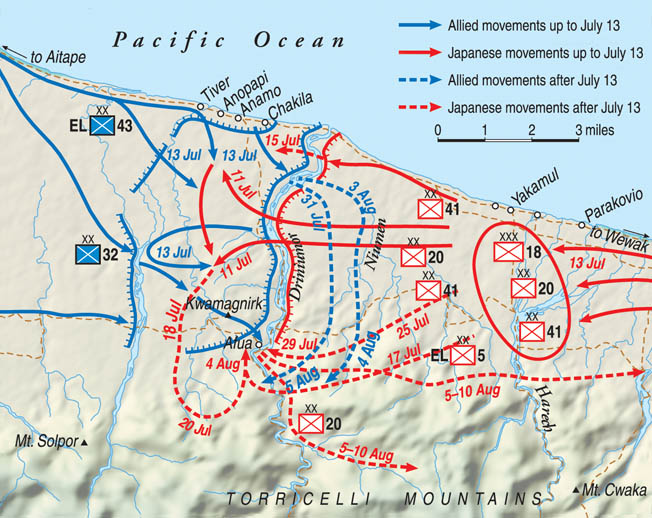 The grueling march undertaken by Japanese troops under General Hatazo Adachi ended in defeat at the Driniumor River. The Japanese made some initial gains at heavy cost, but American counterattacks decimated their ranks.