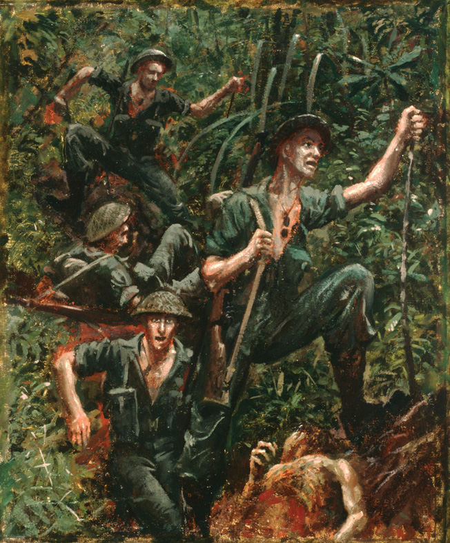 This painting by official Australian war artist Sergeant George Browning, who served in New Guinea, dramatically conveys the difficulties that Australian regulars and militia (not to mention their Japanese enemy) had in trying to maneuver through the steep, steamy, disease- ridden jungles of New Guinea and along the Kokoda Trail, deemed by many as one of the worst environments of the entire war.