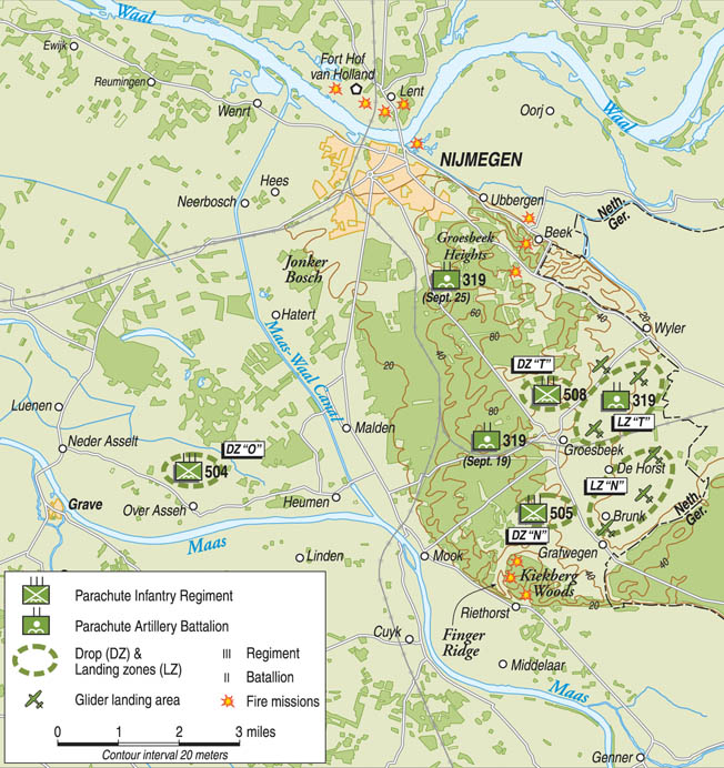 319th GFAB positions in Holland, September 1944. Sartain’s and Manning’s position at Finger Ridge is due west of Groesbeek. 