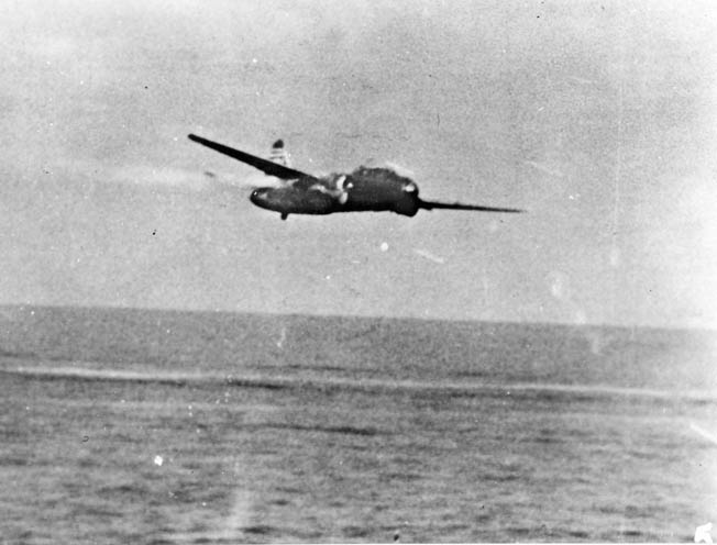 This crippled “Betty” bomber, piloted by Lt. Cmdr. Takuzo Ito, photographed from the Lexington, was the first one encountered by O’Hare on February 20, 1942. It was attempting to crash into the carrier when it was shot down by the ship’s gunners.