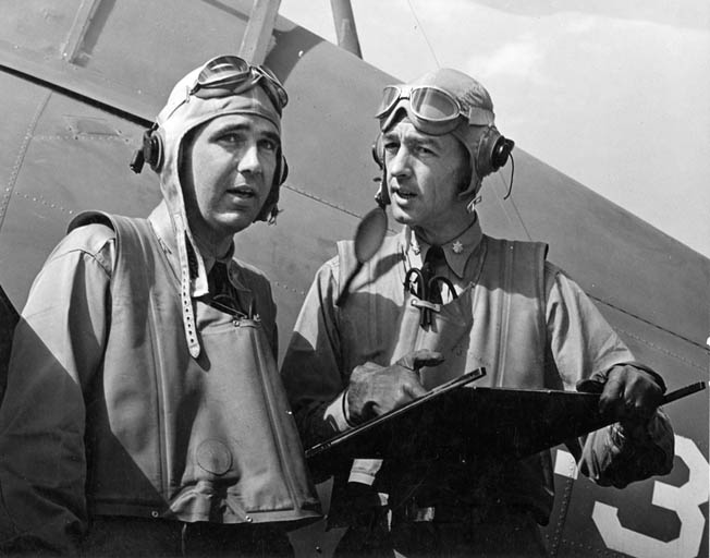 O’Hare (left) and Lt. Cmdr. John “Jimmy” Thach, commander of Squadron VF-3, photographed after returning to Kaneohe Naval Air Station, Oahu, Hawaii, in April 1942. 