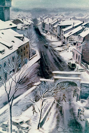 U.S. Army tanks and vehicles take cover in a Belgian town during the German winter offensive that precipitated the Battle of the Bulge. The Germans overran a number of hamlets in France, Belgium, and Luxembourg but were unable to reach the River Meuse and the strategically vital Belgian port city of Antwerp, which lay beyond.