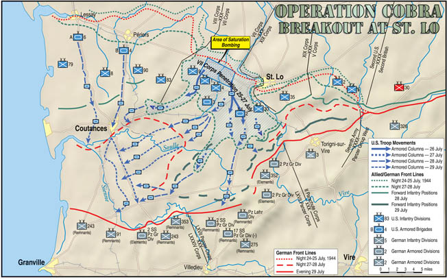 A map of the plans for Operation Cobra and the breakout at St. Lo. 