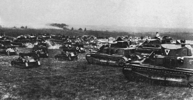 Medium tanks of Hobart’s 1st Tank Brigade during close-order military exercises on southern England’s Salisbury Plain, circa 1934.