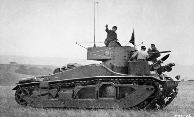 As commander of the 1st Tank Brigade, Percy Hobart was photographed on the turret of a Medium Mk.III tank during exercises in the early 1930s.