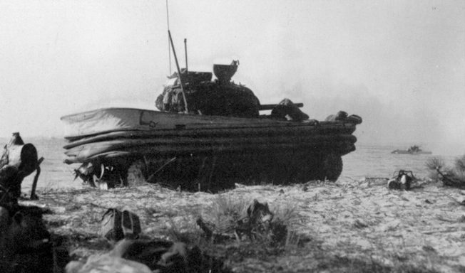 In theory, Hobart’s Duplex Drive Sherman tanks, fitted with an inflatable canvas skirt, were supposed to be able to swim short distances, but rough seas at Normandy caused many of them to sink, drowning their crews. 