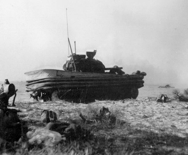 In theory, Hobart’s Duplex Drive Sherman tanks, fitted with an inflatable canvas skirt, were supposed to be able to swim short distances, but rough seas at Normandy caused many of them to sink, drowning their crews.
