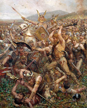 German tribesmen overrun a Roman unit. Unlike in Gaul, the lack of large urban centers and good roads in Germany made it difficult for the Romans to subjugate the scattered militaristic population.