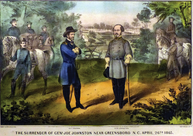 Confederate General Joseph E. Johnston, right, realized the futility of prolonging the war and urged Davis to negotiate. Johnston surrendered his own army to Maj. Gen. William Tecumseh Sherman, left, at Bentonville, North Carolina.