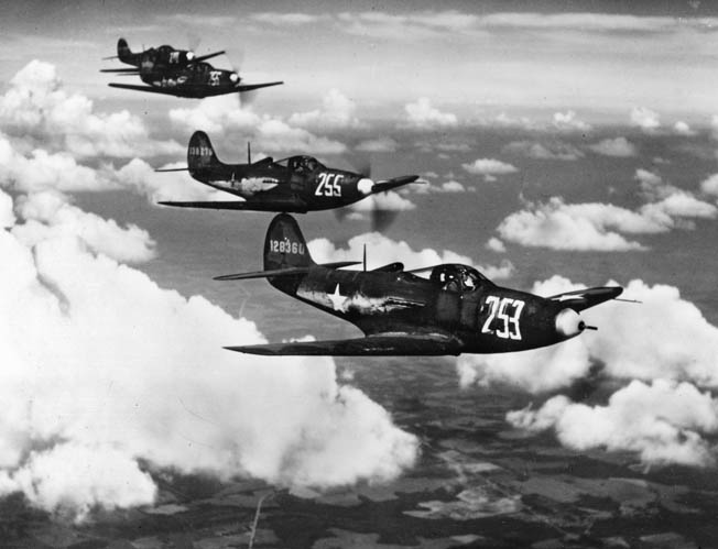 P-39s flying over Dale Mabry Army Air Field in Tallahassee, Florida. Reputedly hard to handle by novices, 21 P-39s crashed near Mabry Field during training in 1942 alone.