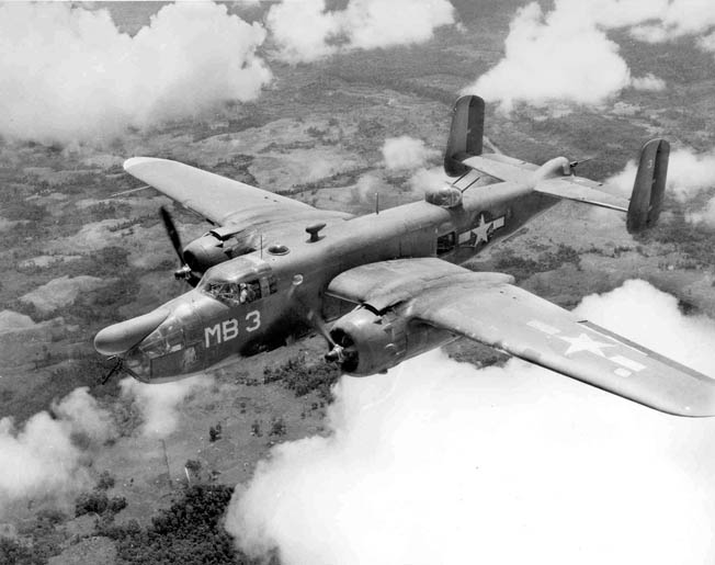  PBJ-1D Mitchell medium bomber assigned to a Philippines-based Marine Corps bombing squadron. The elongated “snout,” commonly called a “hose nose,” encompasses the sophisticated APS-3 search radar antenna. By 1943 eight VMB squadrons had been formed.