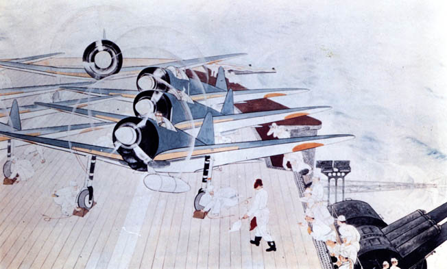 A Japanese war artist created this watercolor depicting the moment before Japanese Mitsubishi Zero fighter aircraft began launching from the deck of an aircraft carrier on the morning of December 7, 1941. At right, Japanese deck crewmen and antiaircraft gunners eagerly await the signal to begin launching.