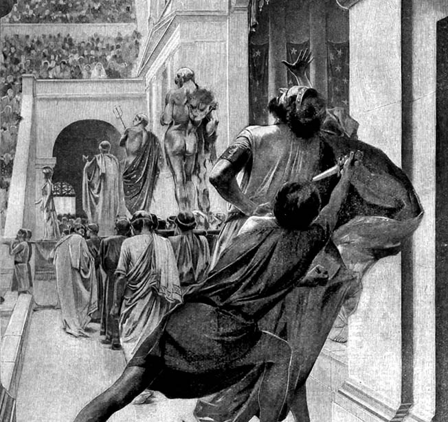 King Philip II is slain by Pausanias of Orestis, one of his seven bodyguards, as he and his entourage enter a theater. 