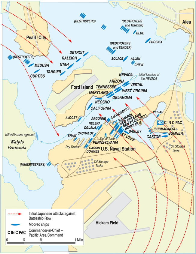 The first wave of dive-bombers and torpedo bombers hit Pearl Harbor from the northwest while horizontal bombers attacked from the southeast.