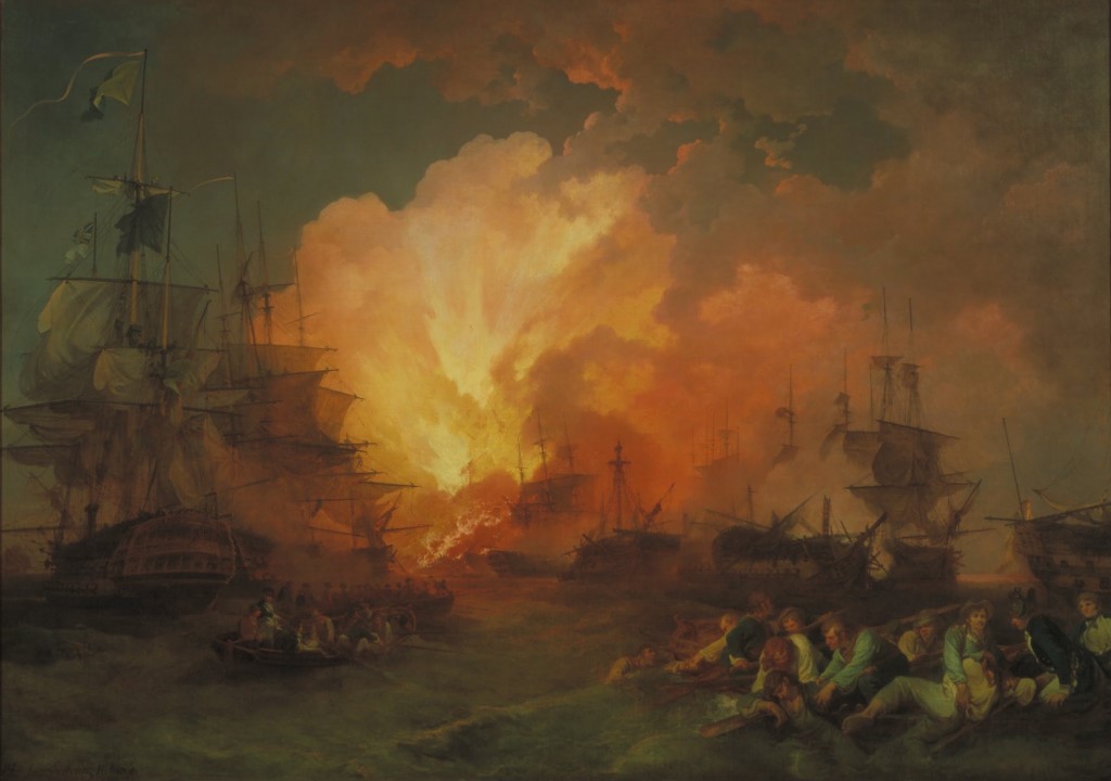L'Orient explodes in a fireball as the fire rapidly spreads to Bruey's flagship. The explosion signaled the end of the Battle of the Nile.