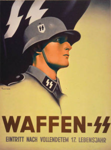 A recruiting poster portrays an SS member as the ideal Aryan warrior.