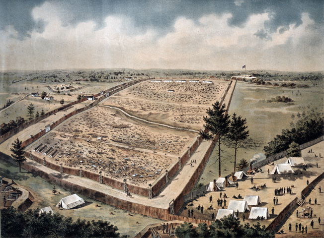 A misleadingly benign bird’s-eye view of Georgia’s Andersonville Prison, looking northwest. The notorious fetid stream runs through the middle of the compound, with banks of cannons in the foreground and distance.