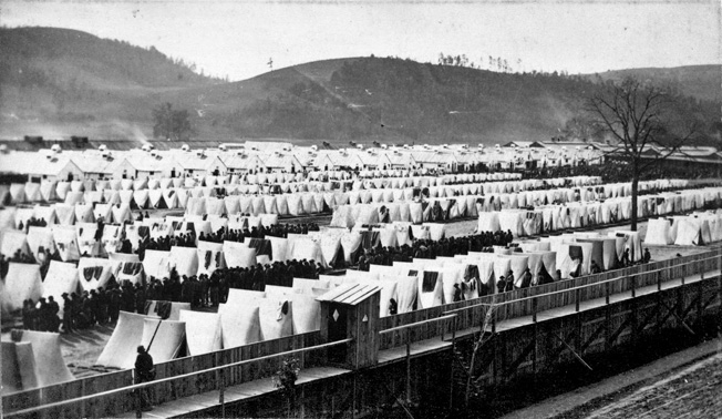 Rows of tents within the stockade at Camp Rathbun in Elmira, N.Y. Prisoners called it “Hellmira.”