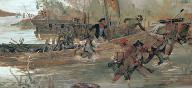 Exhausted sailors from Benedict Arnold’s ragtag fleet abandon their ships at Ferris Bay after fleeing the British armada at Valcour Island, in this painting by Colonel Charles Waterhouse.