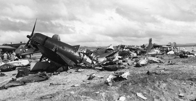 The victims of crash landings, these Marine Corsairs in a Leyte scrap yard were salvaged for parts. 