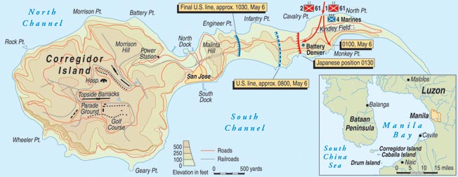 The tadpole-shaped island fortress of Corregidor, guarding Manila Bay, bristled with guns but proved no match for overwhelming Japanese forces that landed on the north shore between Battery Point and North Point. 