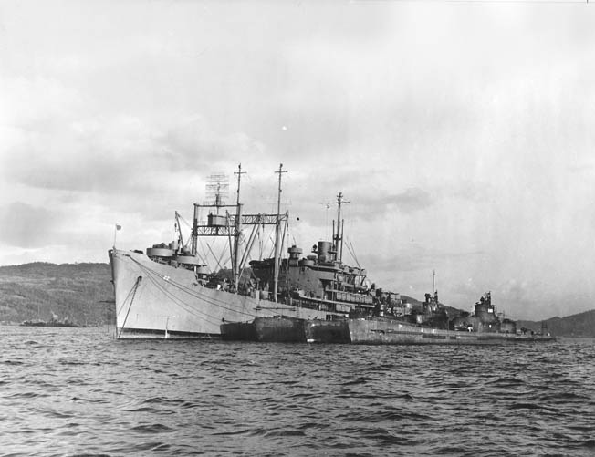 Japan’s three surviving 400-series aircraft-carrying subs are tied up alongside the submarine tender USS Euryale at Sasebo in November 1945 prior to being transferred to Hawaii for secret tests.