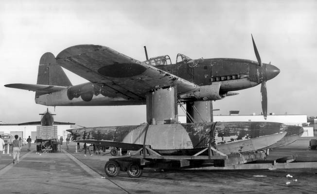 A surviving Aichi M6A1 Seiran float plane photographed in 1956 at an unnamed Naval Air Station air. This aircraft is now restored and located at the NASM-Udvar-Hazy museum near Washington, D.C.