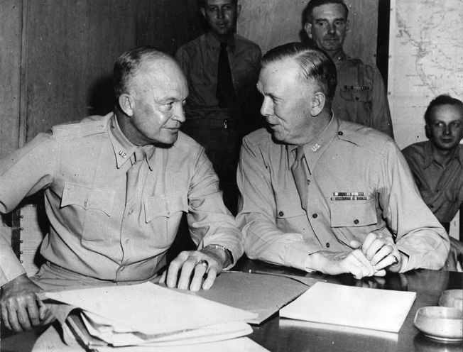 Eisenhower, now a four-star general, confers with Army Chief of Staff General George C. Marshall during President Roosevelt’s meetings with Churchill in North Africa, June 1943. 