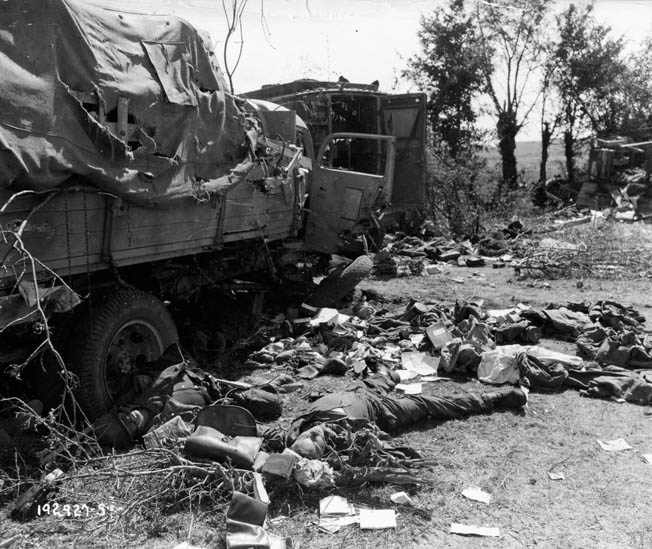 This photo of bodies and blasted equipment grimly illustrates the fate of thousands of Germans who were unable to escape the killing zone near Chambois.