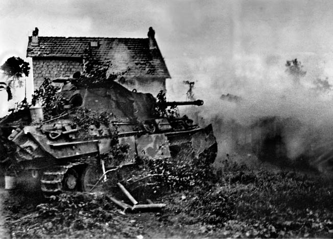 A German panzer somewhere in northern France tries to hold off the advancing Allied armies. But a British-American squabble allowed tens of thousands of German troops to escape through the Falaise Gap and protracted the war. INSET: A picture of postwar harmony: Eisenhower, Montgomery, and Bradley address troops in 1946. 