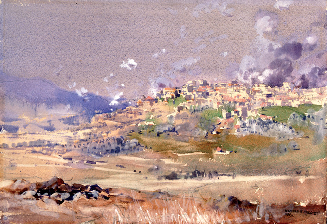 A combat artist captured an Australian barrage against the Vichy-controlled town of Marjayoun, Lebanon, on the morning of June 8, 1941. The Aussies took the town, lost it in a counterattack, then regained it on June 23, 1941.