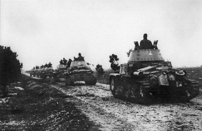 Italian Carro Armato M 14/41 medium tanks move toward the front. Unreliable and easily knocked out, they proved to be no match for the Allies. 