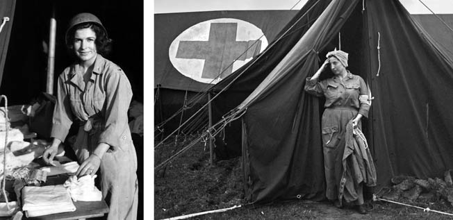LEFT: 2nd Lt. Margaret Stanfill prepares surgical dressings with the 128th Evacuation Hospital, Saint Laurent-sur-Mer, near Omaha Beach, June 15, 1944. RIGHT: An exhausted nurse at the 44th Evac Hospital in Normandy, France, 1944. It was not unusual for nurses and other medical personnel to work 18-hour shifts. 