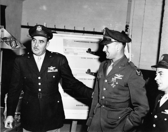 Still a lieutenant colonel here, Albert Shower wears the “Hap Arnold” shoulder patch, command pilot wings, and a Distinguished Flying Cross that has just been awarded to him. Troops called him a “virtuoso” on the flight deck of a B-24.