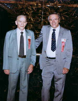 Seen at a military reunion in 1991, Al Wheelock (left) was a pilot and Vincent Re an engineer-gunner on a B-24 Liberator of the 467th Bombardment Group. Re was also a talented photographer who recorded the activities of the “Rackheath Aggies” and their bomber crews. Both men are now deceased. 