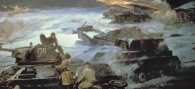 2-G56-O1-1
2. Weltkrieg/Ostfront russ. Angriff
Geschichte:
2. Weltkrieg / Ostfront.
- Russische Tanks und Raketenwerfer
(Katjuschkas) im Wintereinsatz.
Sowjetisches Propagandabild,
Gemaelde (Detail), um 1945.
E:
Russian tanks/ Propaganda painting/ WWII
History / World War II / Eastern Front
- Russian tanks and rocket launchers
(Katjushkas) during a winter exercise. -
Soviet propaganda painting,
(detail), c.1945.