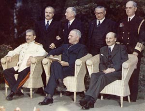 Soviet Premier Josef Stalin and U.S. President Harry S. Truman at the Postdam Conference, July 1945. Although Stalin pretended to be surprised to learn about a U.S. “super weapon,” his spies had already tipped him off.