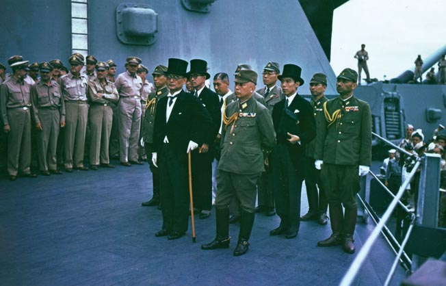 The Japanese delegation during the surrender proceedings aboard the battleship USS Missouri on September 2, 1945, included Foreign Minister Mamoru Shigemitsu and Army Chief of Staff Yoshijiro Umezu (front, left to right).