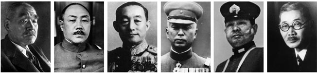 Left to Right: Prime Minister Suzuki, Army Minister Anami, Navy Minister Yonai, Army Chief of Staff Umezu, Navy Chief of Staff Toyoda, Foreign Minister Togo.