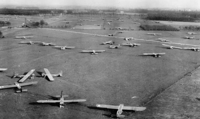 Dozens of Waco gliders fill several fields in the vicinity of Wesel. Soon after combat ended, many of these gliders were retrieved and readied for possible future operations—operations that never took place.