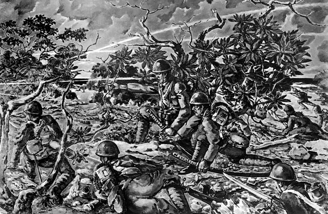 A Japanese illustration shows Japanese troops, some carrying samurai swords, assaulting American positions on Wake Island. The Marines lost 49 killed and two missing, the Navy had three killed, and 70 American civilians died during the siege. After the 15-day battle, 1,600 American military and civilian personnel were taken prisoner. 