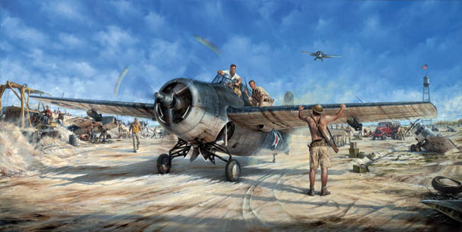 In this 1999 painting, The Magnificent Fight by aviation artist John Shaw, Marine Captain Henry Elrod (in cockpit) confers with fellow pilots John Kinney (in white t-shirt) and Frank Tharin before Elrod bombed and sank the destroyer Kisaragi.