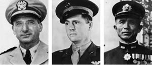 Left to right: Winfield S. Cunningham commanded U.S. forces on Wake; Marine aviator Henry Elrod; Admiral Sadamichi Kajioka headed Japan’s Wake Island invasion force.