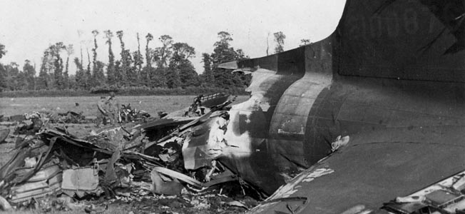 All that remained of a C-47 that crashed and burned in Normandy. A number of paratroopers recalled barely escaping their transports when they were hit by enemy flak or seeing other transports going down with all aboard.